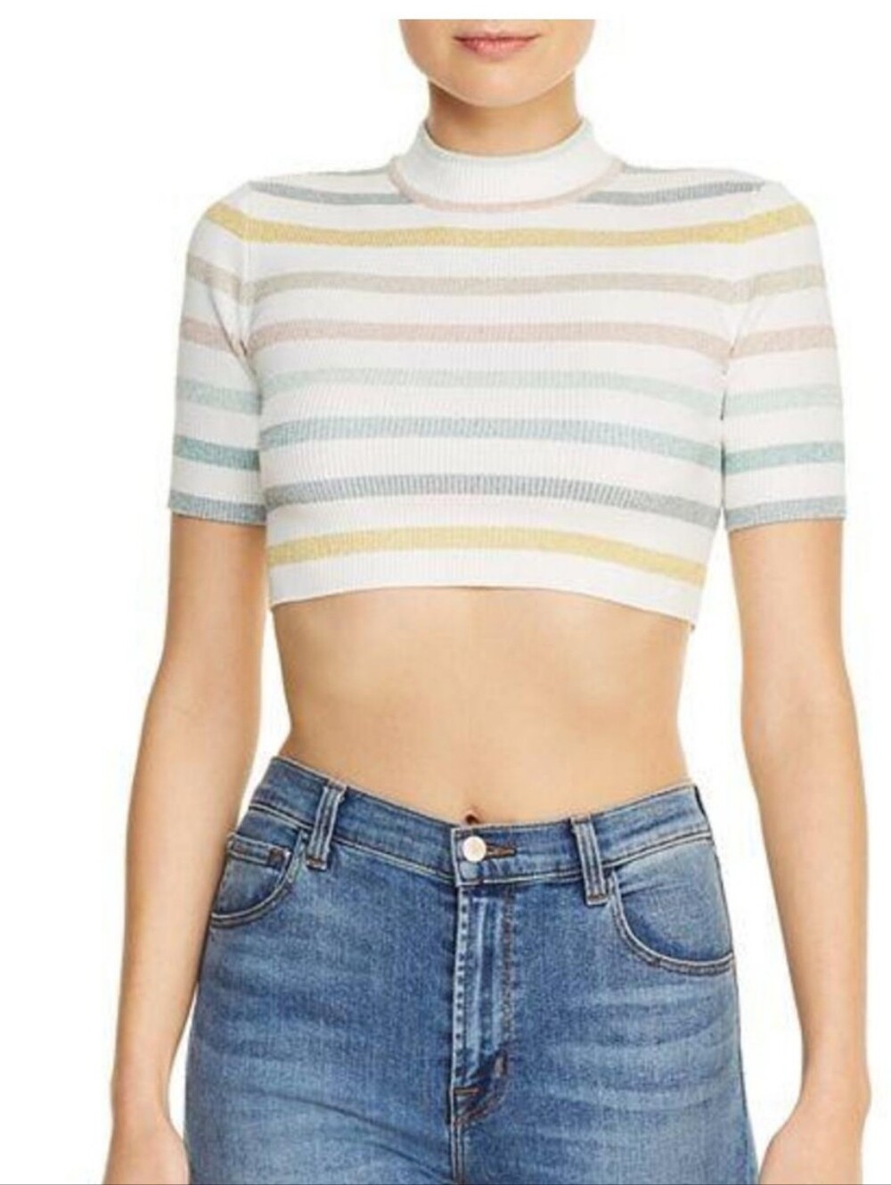 Ronny Kobo White Stripe Stretch Metallic Short-Sleeve Crew Neck Top Size M